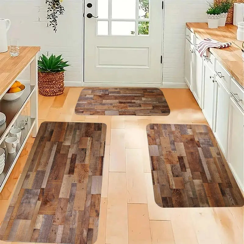 Farmhouse Wood Grain Kitchen Runner Rug, Non-Slip Washable Floor Mat with Vintage Plank Print for Kitchen, Sink, Cooking Area