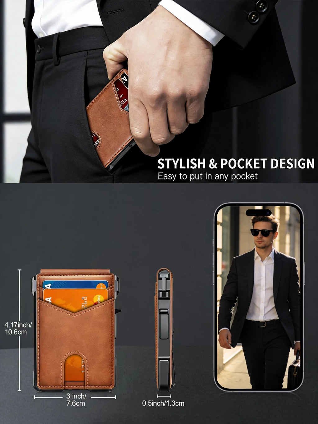 Men RFID Blocking Slim Minimalist Wallet Leather Bifold Front Pocket Purse with Pop-Up Magnetic Closure Money Clip Card Holder