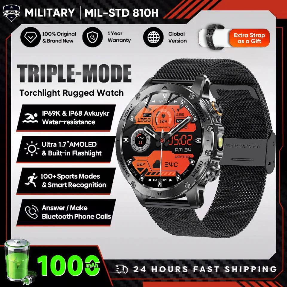 2025 New Military Grade Men 1000mAh Super Large Battery Smart Watch GPS 3ATM Waterproof Bluetooth Call Sports Fitness Smartwatch