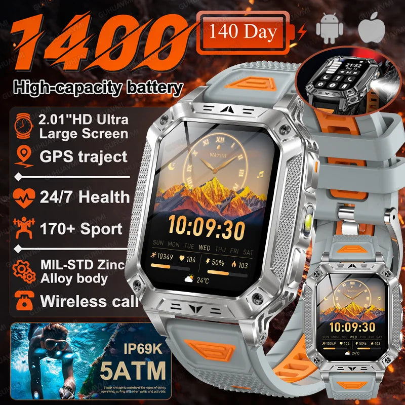 2026 Military 5ATM Waterproof Smart Watch Men 1400mAh Battery GPS Tracks 2.01" HD AMOLED Bluetooth call Sport Fitness Smartwatch