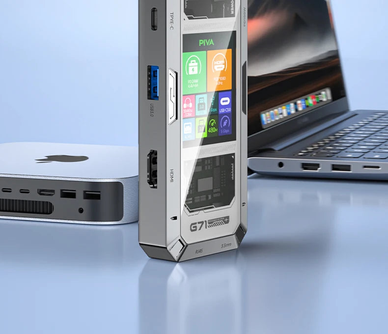 PIVA G71 7 in 1 Aluminum Alloy Office Docking Station Smart Screen Display Type-C to HDMI2.0 USB3.0 HUB PD100W Adapter