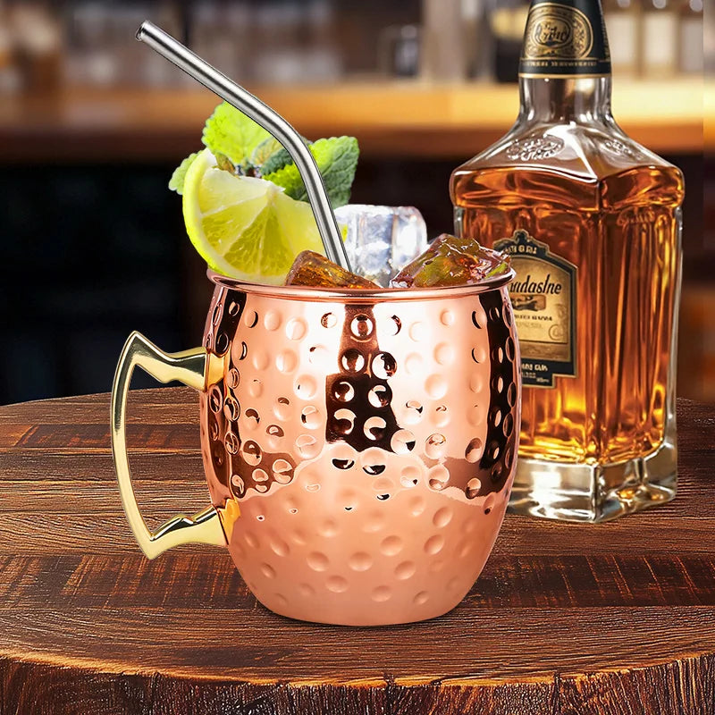1-6PCS Stainless Steel Moscow Mule Beer Mugs Metal Copper Plated Hammered Anti-fall Beer Mug Cocktai Mugs Bar Banquet Drink Mugs