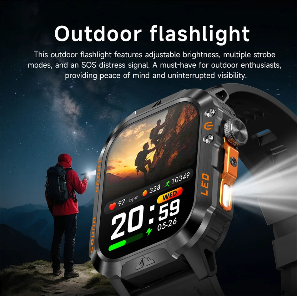 2026 New Outdoor Military Smart Watch 1200mAh Battery GPS HD Call Health Monitoring 2.01-inch Waterproof Sports Smartwatch Men
