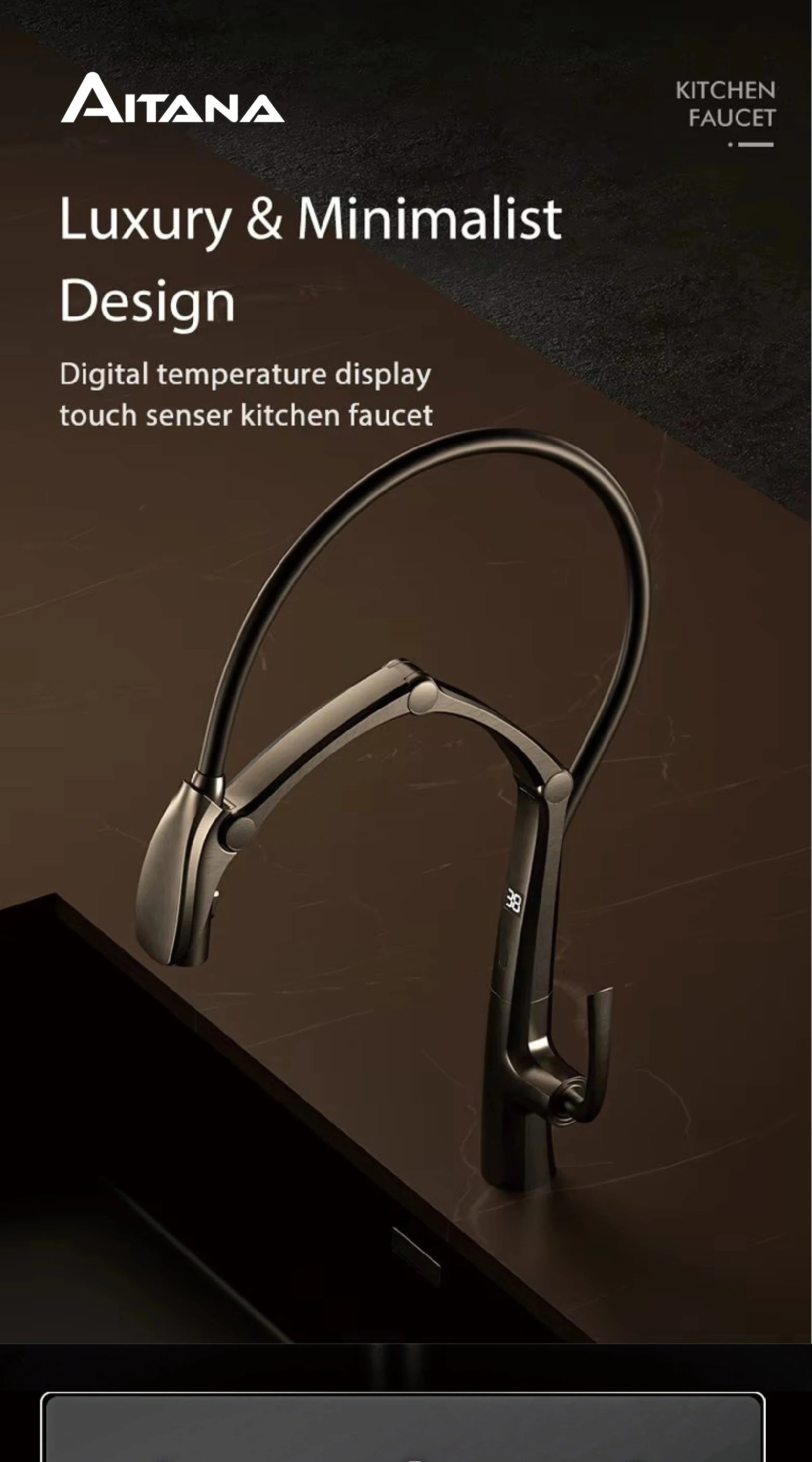 AITANA Gun Grey Luxury Brass LED Display Kitchen Faucet，Touchless Sensor，Pull-Out 3-Function Spray Water-Saving SinK Mixer