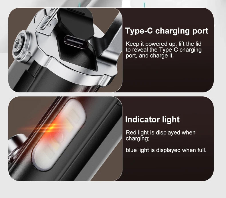 Mini Keychain Flashlight Rechargeable Pocket COB Working Light Outdoor Hook Emergency Warning Light for Camping Walking Hiking