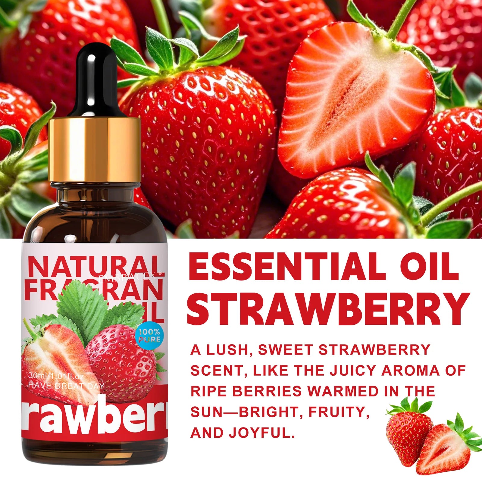 30ml Strawberry Essential Oil Long Lasting Fragrance for Aromatherapy Skin Care Massage Relaxation Holiday Gifts For Friends