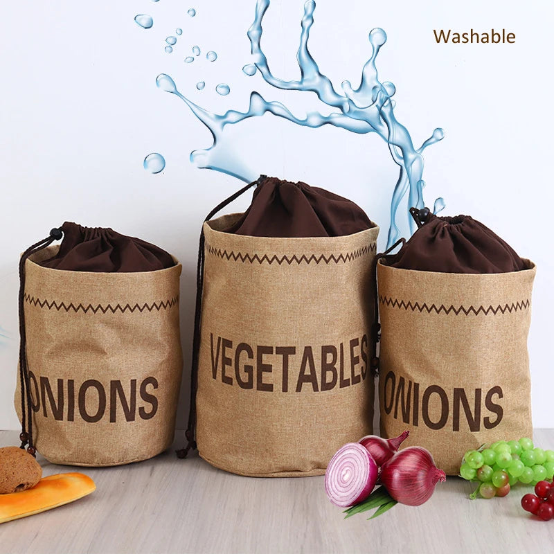 Kitchen Hessian Storage Bag for Garlic,Onions,Potato,Vegetable,Bread,Drawstring Sack,Fabric Burlap Bags Jute Potatoes Organizer