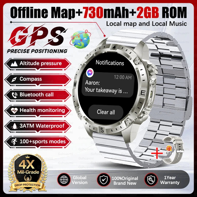 2026 Outdoor GPS Smart Watch Men 2GB ROM Offline Map 730mAh Battery 3ATM Waterproof Compass Altimeter Health Monitor Smartwatch