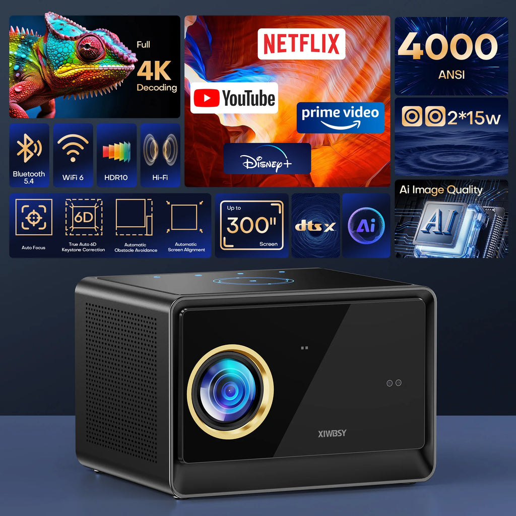 XIWBSY 4000ANSI Google TV Projector 4K Android 14.0 Sealed Optical Projector 52000Lumens WiFi6 Projector Google Voice Assistant