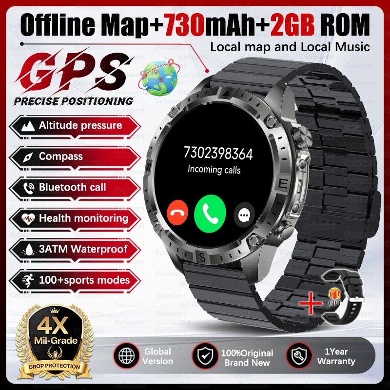 2026 Outdoor GPS Smart Watch Men 2GB ROM Offline Map 730mAh Battery 3ATM Waterproof Compass Altimeter Health Monitor Smartwatch