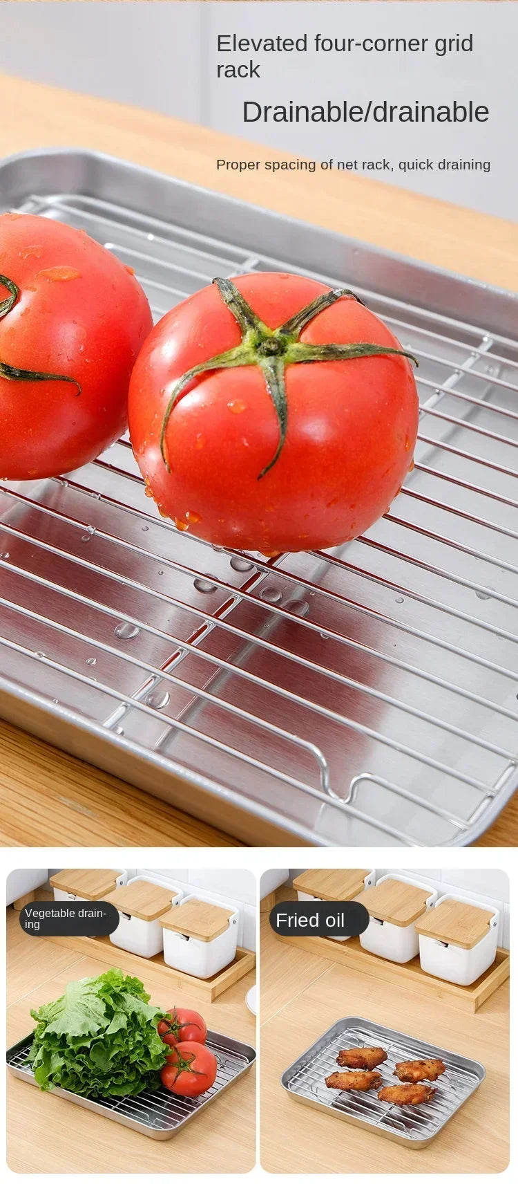 Flat Bottom 430 Stainless Steel Square Plate Oven Safe BBQ Grill Pan Drain Tray Oil Drip Rack Prep Plate for Roasting Grilling