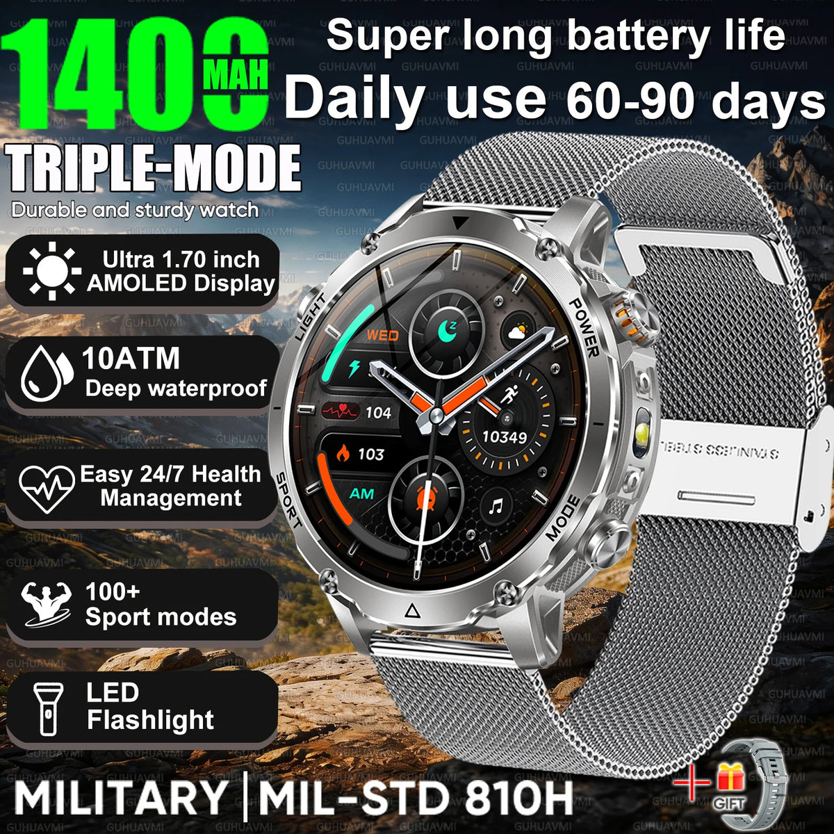 2026 Hot New 1400mAh Extra-Large Battery SmartWatch Men Military Outdoor SOS Flashlight  Waterproof Heart Rate Sports Smartwatch
