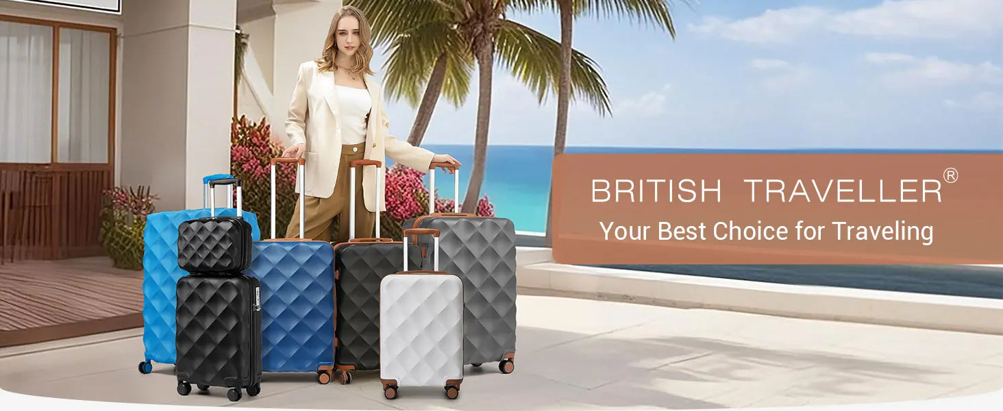 British Traveller 20+24+28 Inch 3-Piece ABS+PC Hard Shell Luggage Set, TSA Lock Travel Suitcase with Silent 360° Spinner Wheels & Adjustable Aluminum Handle