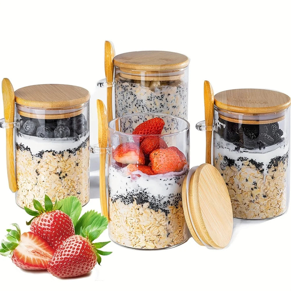 Overnight Oats Containers with Lid 1/2/3/4pack 16oz Airtight Glass Jars with Spoon for Chia Seed Pudding Salad Cereal Coffee Tea