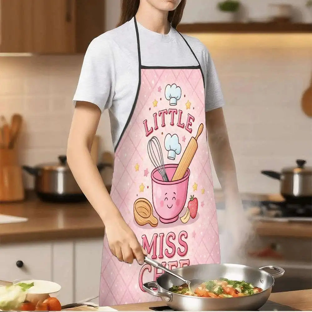 Little Miss Chef Kids Apron - Cute Baking Cooking Pattern with Chef Hat Rolling Pin Bowl Kitchen Bib for Girls Children