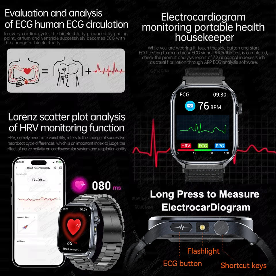 2026New Accurate Diagnosis Smart Watch ECG Blood Oxygen BP Uric Acid Lipids HD AMOLED Screen BT Call Health Smartwatch Men Women