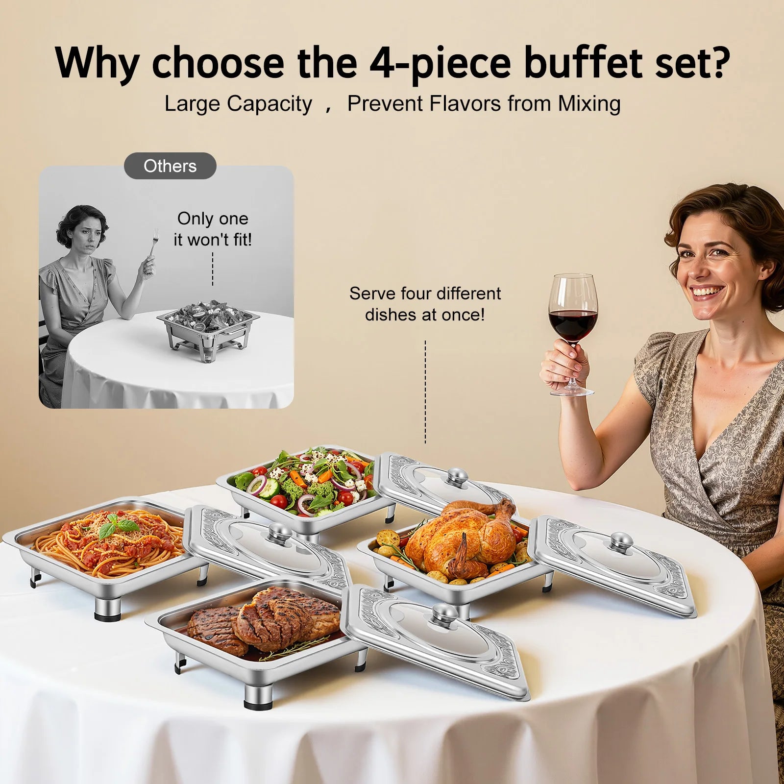 4pcs, Chafing Dishes Buffet Set Stainless Steel Buffet Dish Server Rectangular Chafing Dish Set with Lid for Buffets Caterings