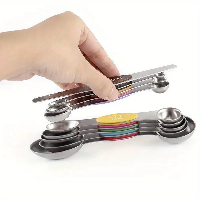 Stainless Steel Double Headed Measuring Spoon 9-piece Set with Magnetic Suction and Scale Measuring Spoon Baking Tool