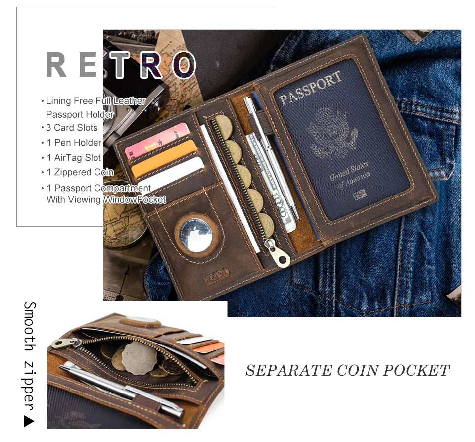 CONTACT'S Genuine Leather Passport Wallet Card Holder Coin Purse AirTag Slot Men Travel Wallet Women‘s Purse Passport Cover Bag