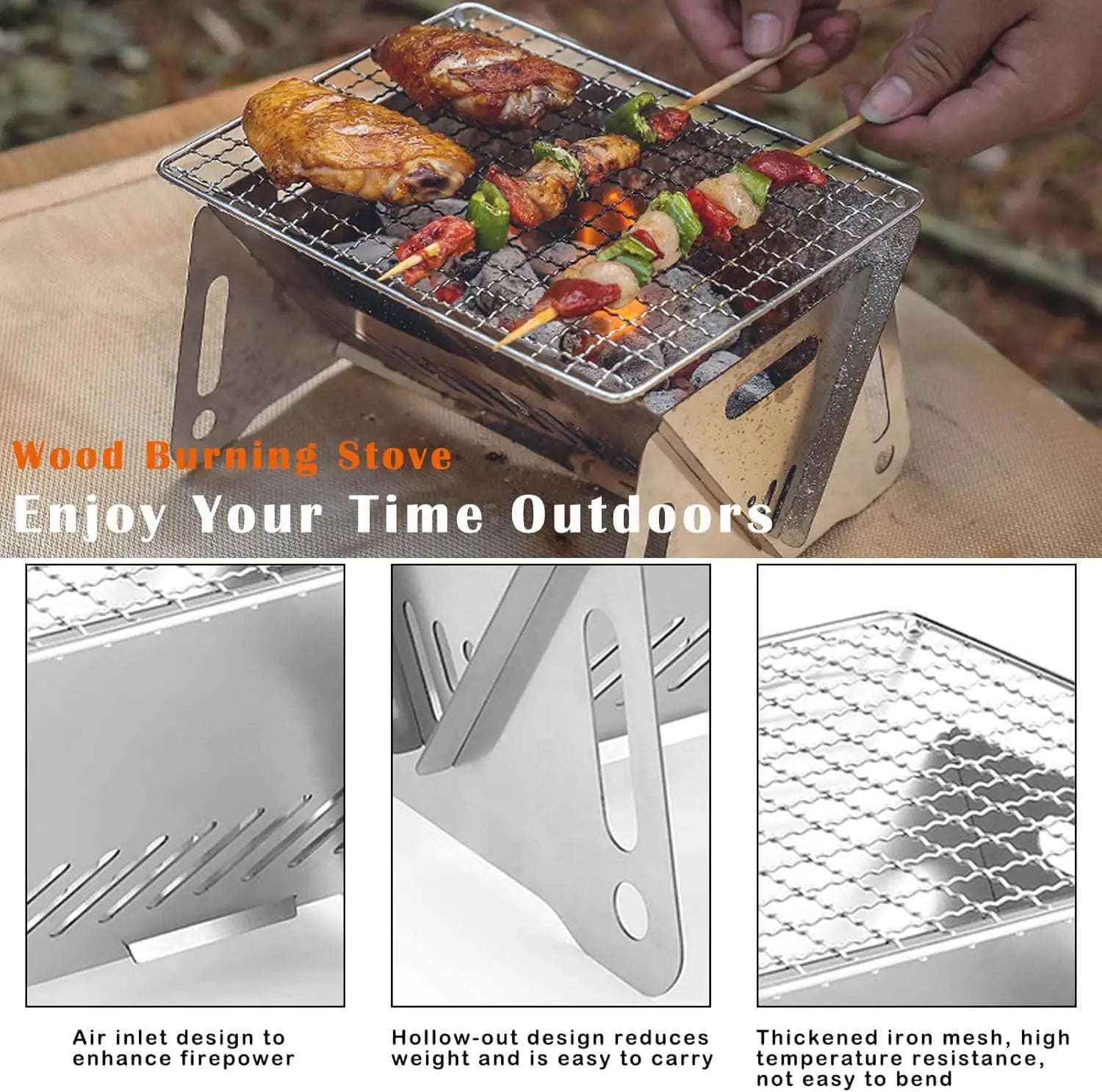 Backpacking Stove Folding Stainless Steel Charcoal Grill BBQ Wood Burning Camp Stove for Hiking Picnic Garden Backyard Cooking
