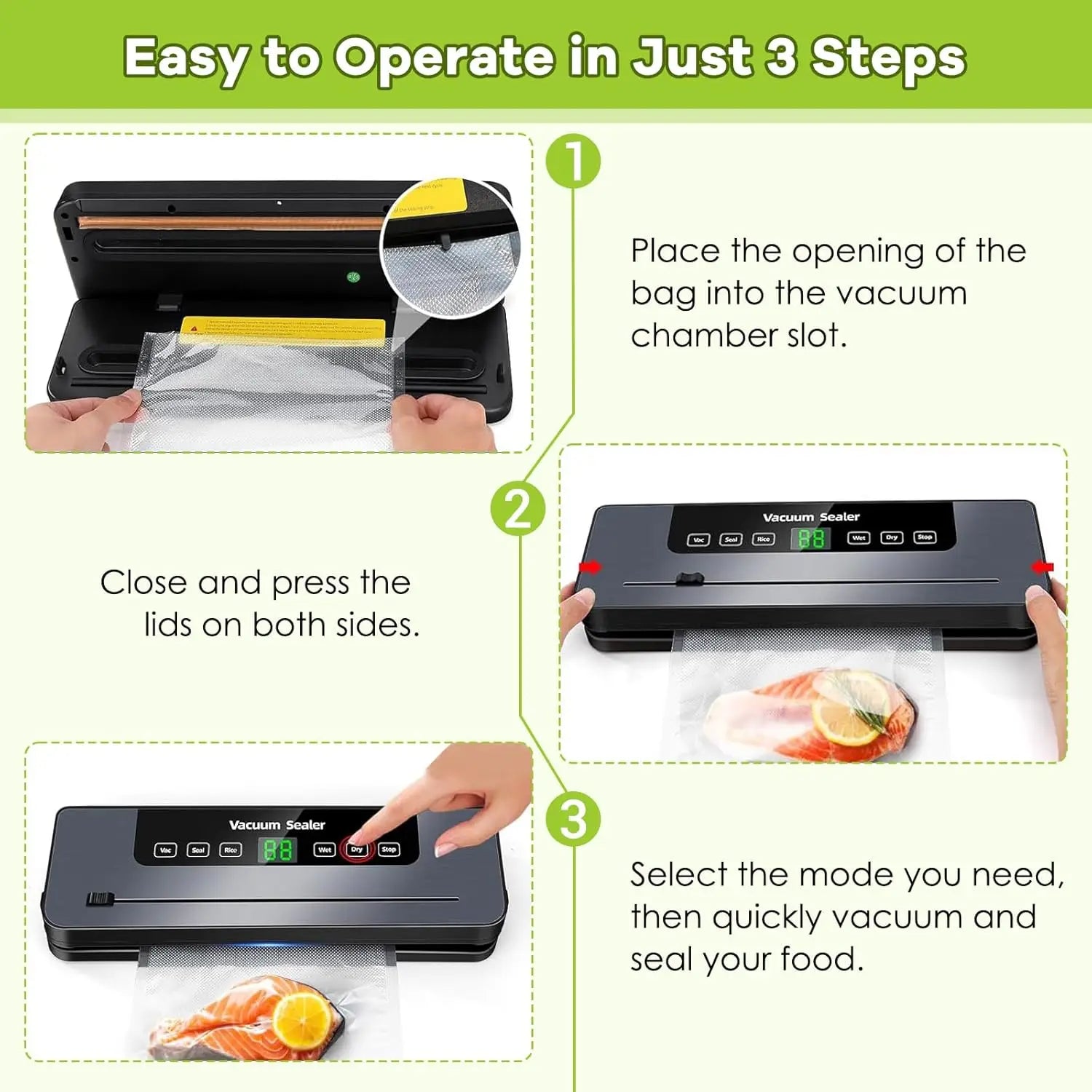 Vacuum Sealer,Automatic Food Vacuum Sealer,5 modes,with 10 sealing pockets and built-in cutter for sealing of wet and dry food