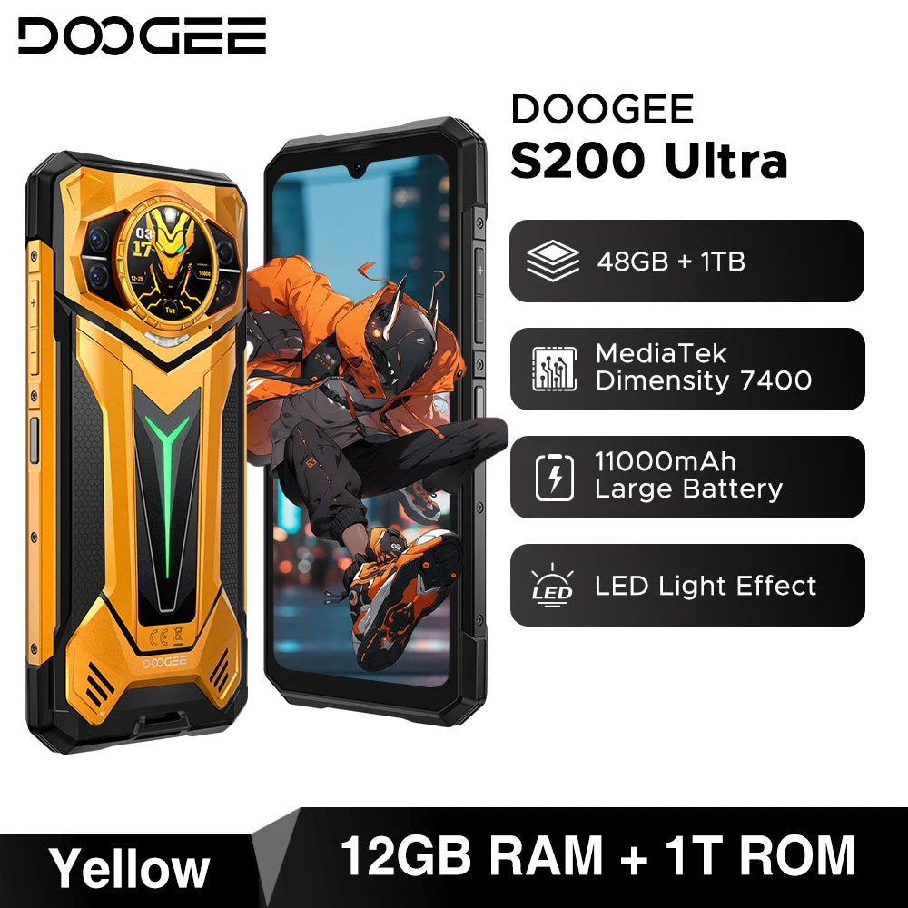 DOOGEE S200 Ultra 5G Rugged Phone 48GB+1TB Dimensity 7400 11000mAh Battery 66W 6.72” FHD+120Hz Breathing Light NFC Smartphone