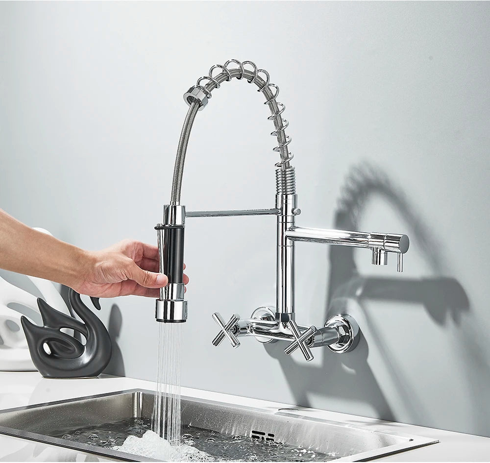 Gold Black Kitchen Faucet Wall Mount Pull Down Tap Vessel Sink Hot Cold Water Mixer Tap Spring Dual Swivel Spouts Sink Crane