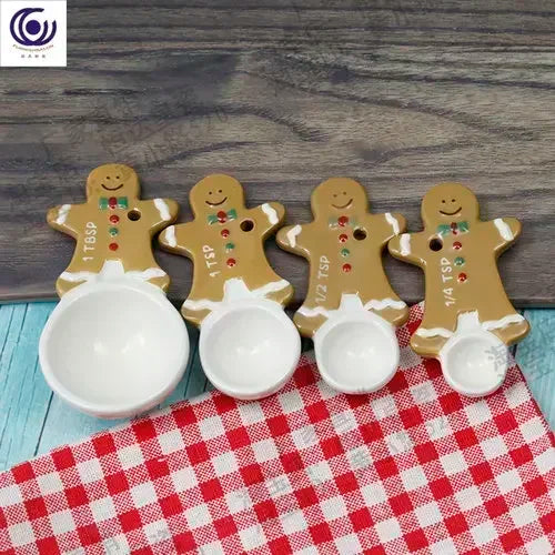 4pcs Christmas Measuring Spoons Set, 3D Hand-painted Ceramic Bowl Measuring Cup, Baking DIY Cake Flour Kitchen Accessories Gift