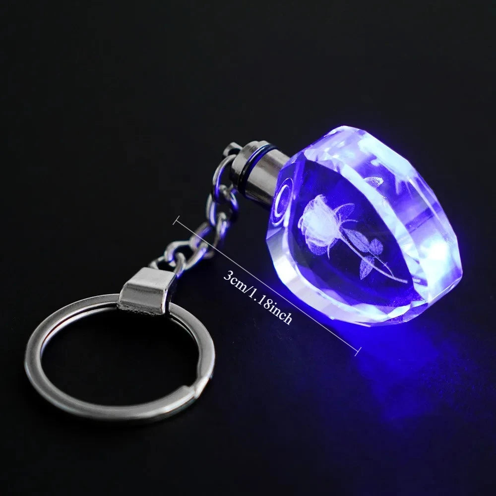 Fashion Colorful Fairy Rose Flower Pattern Love Shape Crystal Rhinestone LED Light keychain Lover Key Chain Keyring Jewelry
