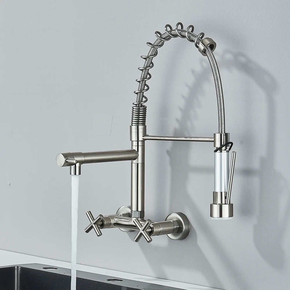 Gold Black Kitchen Faucet Wall Mount Pull Down Tap Vessel Sink Hot Cold Water Mixer Tap Spring Dual Swivel Spouts Sink Crane