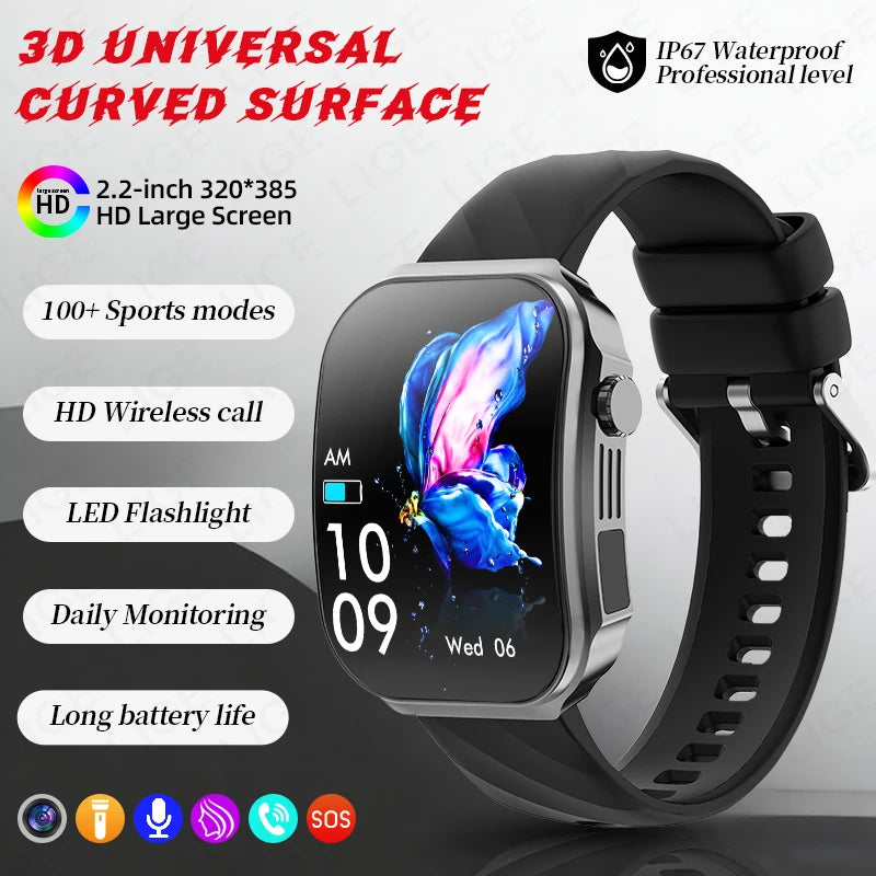 3D Curved Screen Smart Watch 2.2" Large HD Display Bluetooth Call Waterproof Flashlight Outdoor Sport Smartwatch Women 2026 New