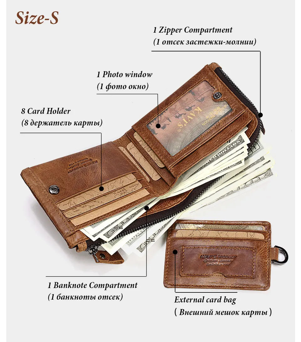 KAVIS Crazy Horse Leather Men Wallets Vintage Cowboy Travel Wallet Card Holder Fashion Coin Purse for Women with Extenal Cardbag