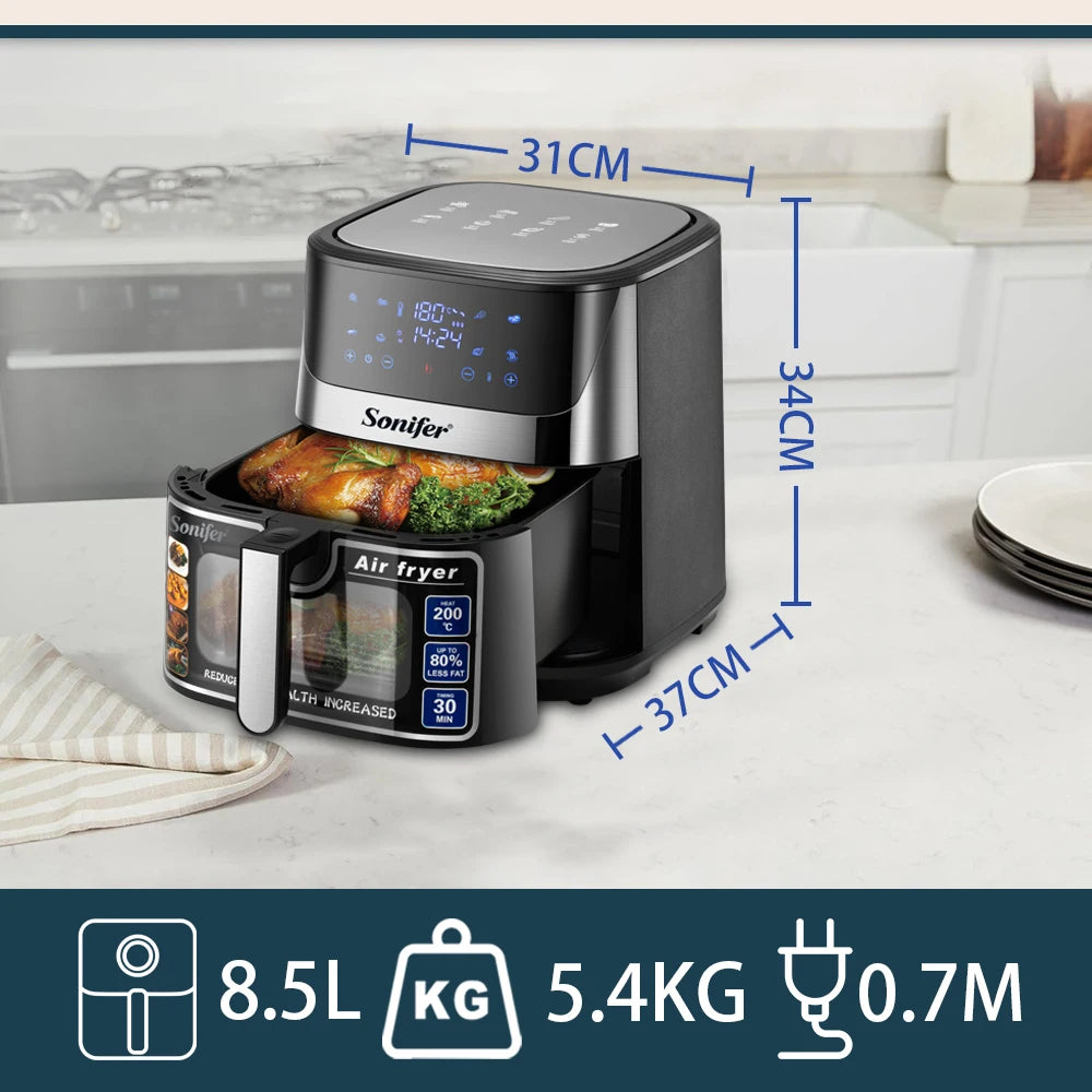 8.5L Air Fryer –LED Display & Touch Control, Large Size, Visible Window, Adjustable Temperature, Auto Shut-Off, 1700W