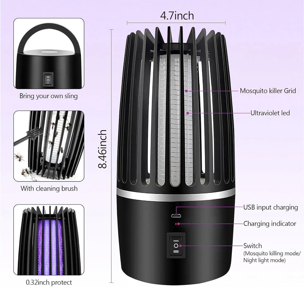 2 in 1 Electric Fly Catcher USB Rechargeable Portable Bug Zapper with Night Light 360° Attract for Indoor Outdoor Trip Camping