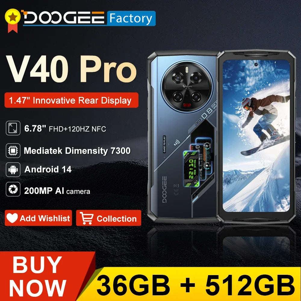 DOOGEE V40 Pro Rugged Phone 6.78" IPS Display  36GB(16+20) 512GB Smartphone 5G 200MP Al Camera 8680mAh Dimensity 7300 Android 14