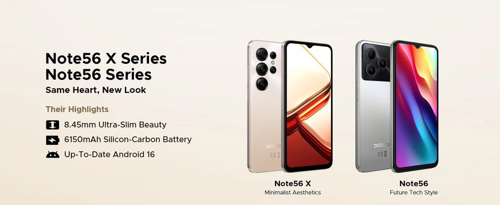 Global Version DOOGEE Note56 X Smartphone Android16 6.56'' Display 24GB RAM(3GB+21GB) 64GB ROM 6150mAh Battery Mobile Phone