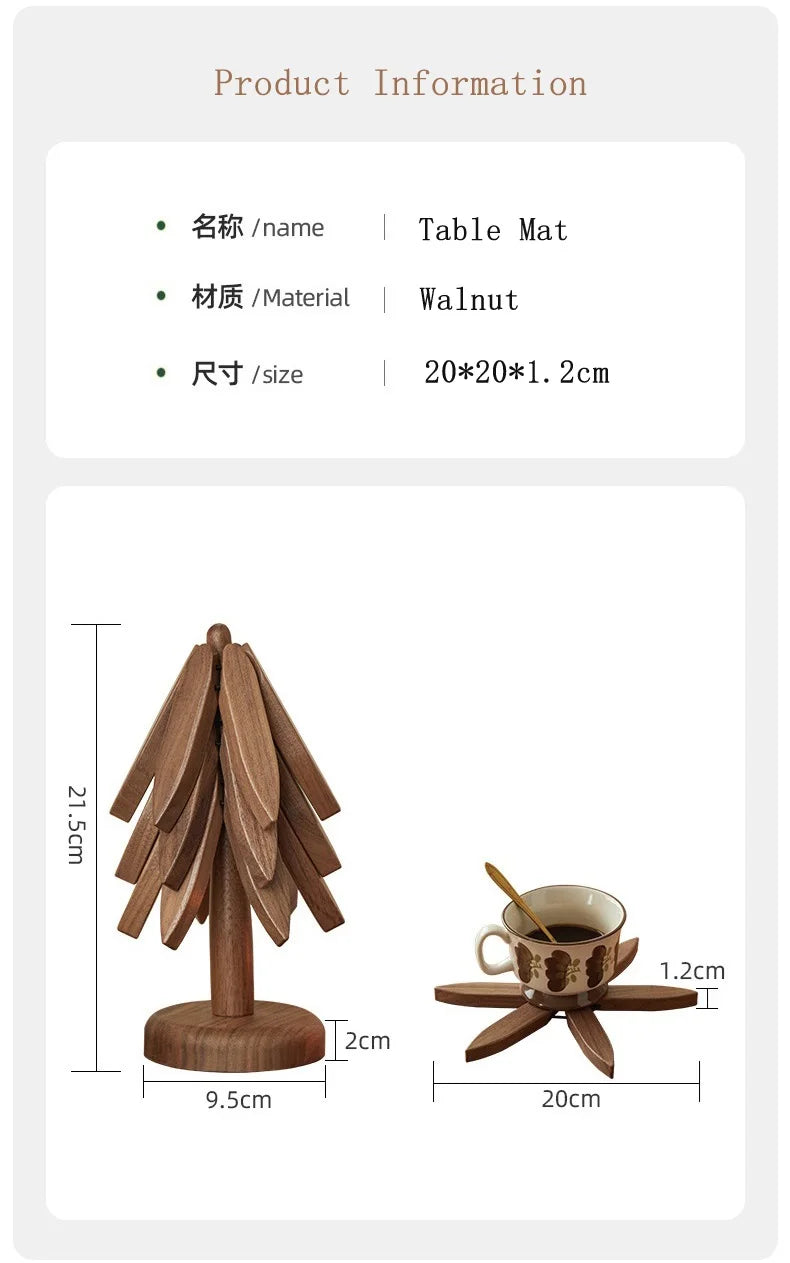 Wooden Tree Trivet & Star Coaster Set, Foldable Heat Resistant Pot Holders, Walnut Wood Table Trivet for Hot Dishes, Pots, Cups