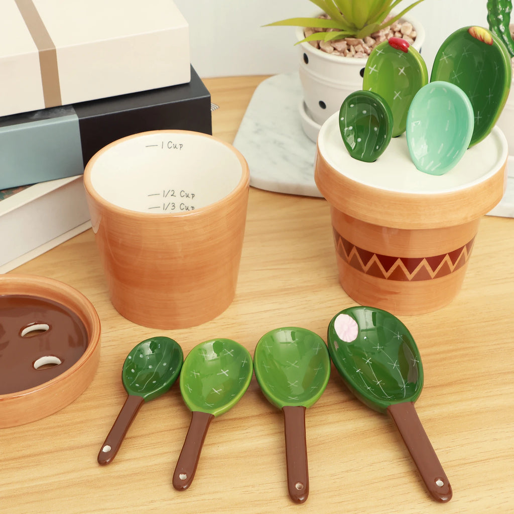 4Pcs Porcelain Measuring Spoons Set with Base Cute Cactus Shape Stirring Soup Spoon Ceramic Flower Pot Measuring Spoon