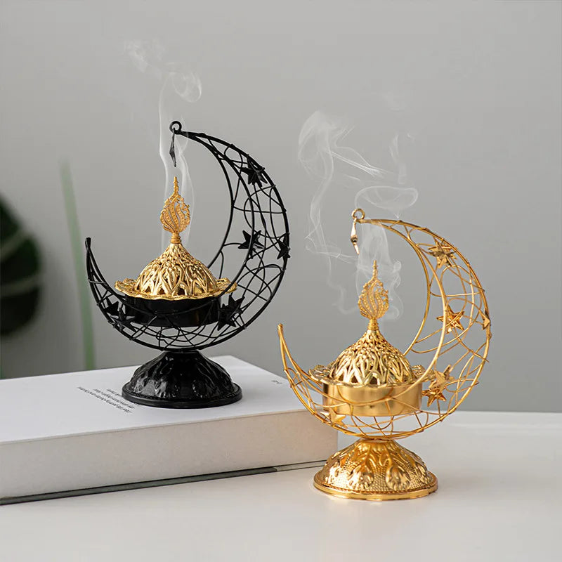 Middle Eastern Hand-held Crescent Metal Incense Burner Golden Living Room Tabletop Incense Burners Arabic Ornament