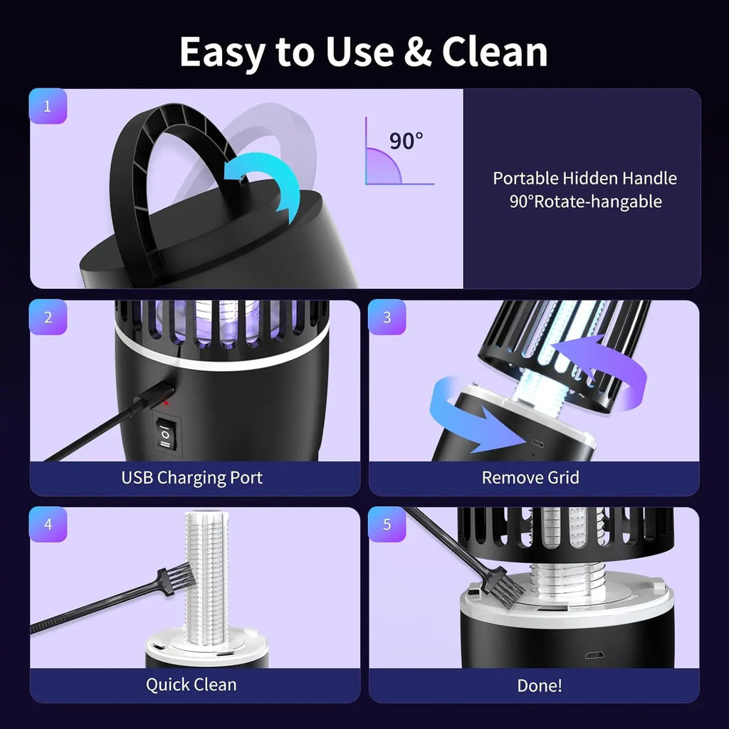 2 in 1 Electric Fly Catcher USB Rechargeable Portable Bug Zapper with Night Light 360° Attract for Indoor Outdoor Trip Camping