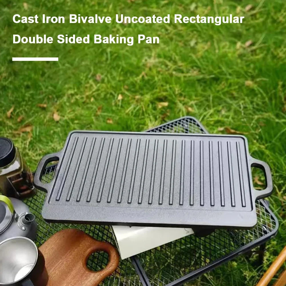 Cast Iron Grill Plate Double Sided Griddle Pan with Double Handles for Steaks Broil Bread Eggs Pancakes Vegetables