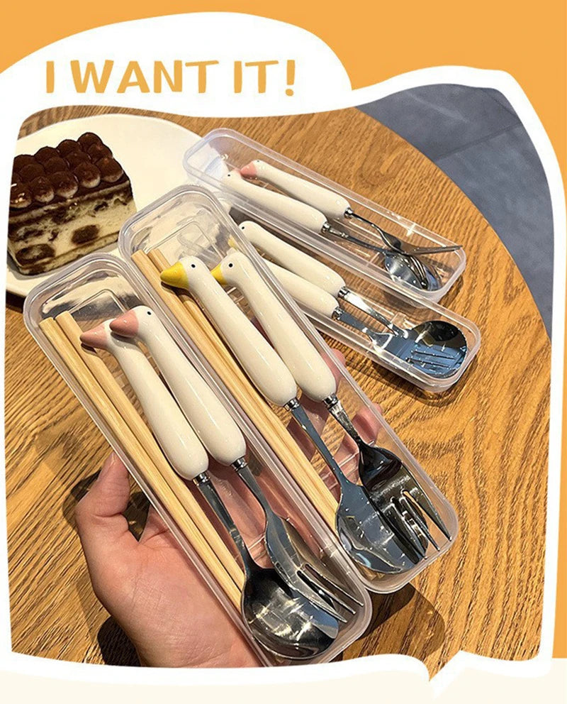 Children Cartoon Animals Cutlery Stainless Steel Spoon Fork Set Portable Outdoor Lunch Tableware with Box Kitchen Accessories