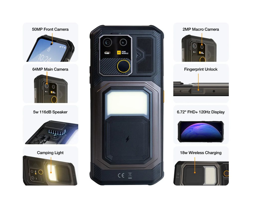 AGM G3 5G Rugged Phone 24GB(12+12) 512GB Wireless Charging 10000mAh Phone 6.72" 120Hz Dimensity 7300 Android15 Camping light