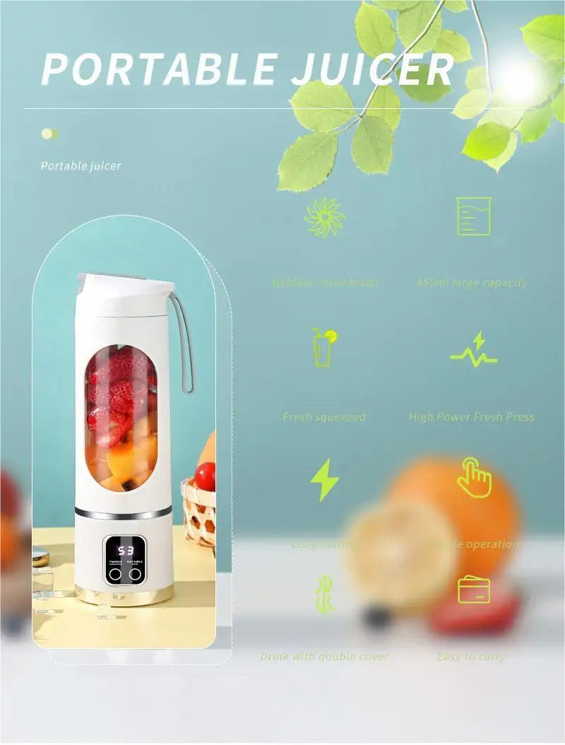 10 Blades Portable Fruit Juicer 450ml Capacity 3 Gears USB Rechargeable Blender Ice Crusher, can make smoothies/ice