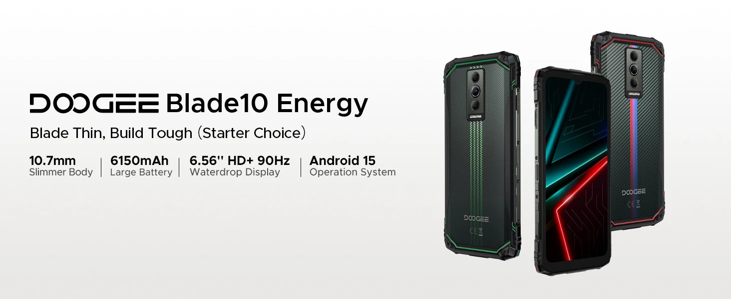 DOOGEE Blade10 Energy Rugged Phone Ultra-thin 6.5'' Screen 6150mAh Battery 24GB RAM(4GB+20GB) 128GB ROM Android 15 Smartphone