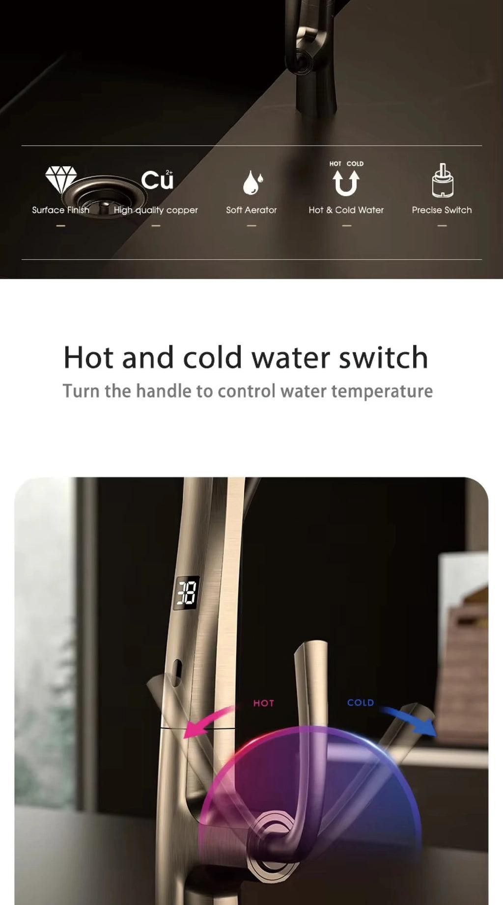 AITANA Gun Grey Luxury Brass LED Display Kitchen Faucet，Touchless Sensor，Pull-Out 3-Function Spray Water-Saving SinK Mixer