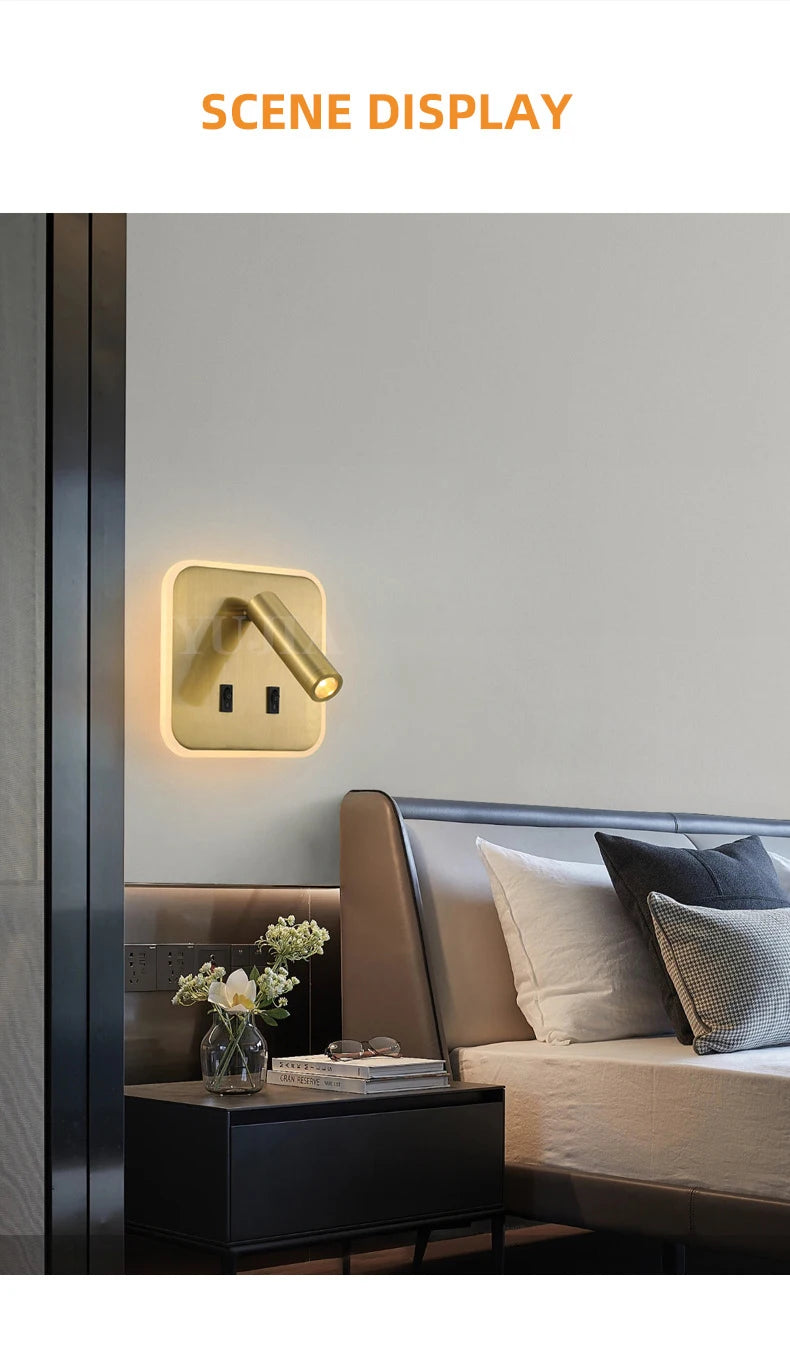 Contemporary Multifunctional LED Wall Sconce with Switch Modern Adjustable Reading Lamp USB Charging Ports for Bedrooms Offices