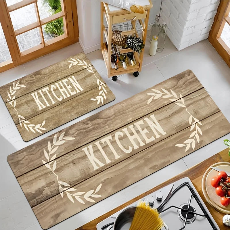 Rustic Wood Grain "KITCHEN" and Laurel Wreath Print Kitchen Mat, Non-Slip Washable Durable Runner Rug for Kitchen Decor