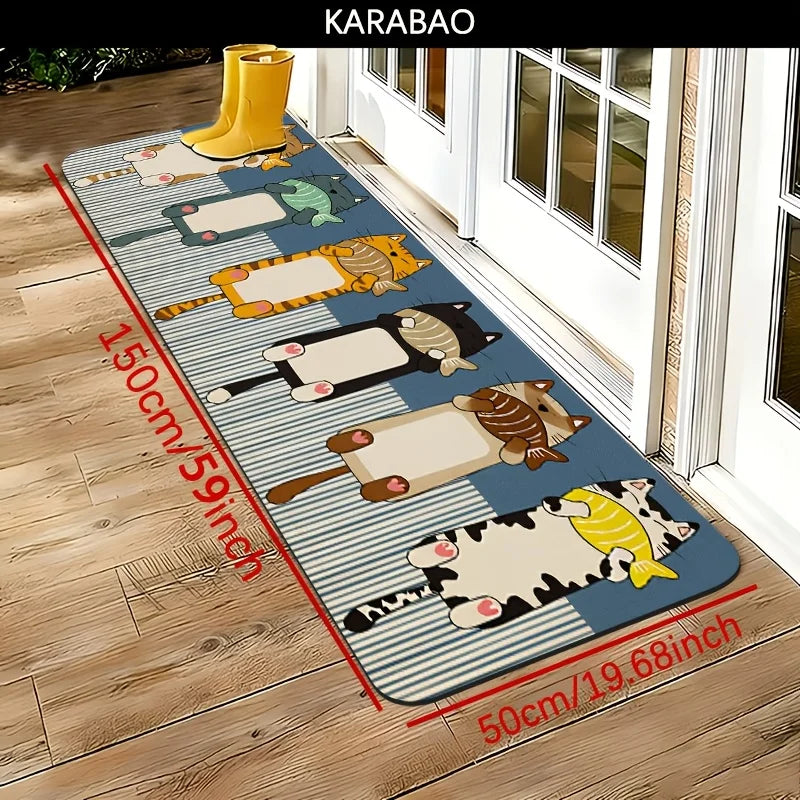 Cute Cartoon Cats & Fish Print Runner Rug, Non-Slip Washable Durable Mat for Kitchen, Laundry Room, Entryway & Kids Room