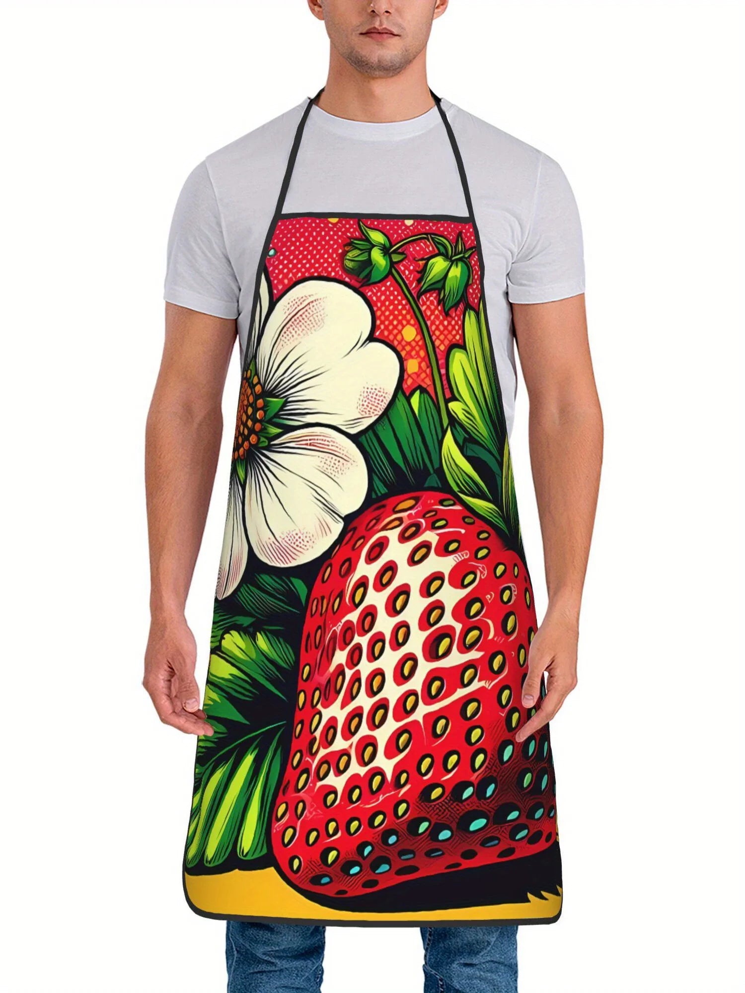 Strawberry Pop Art Apron Bold Color Fruit Kitchen Cooking Baking Gift For Women Summer Chef Wear Graphic Illustration Design